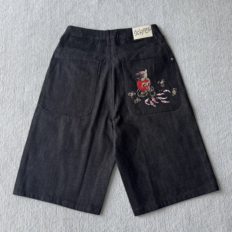 New High Quality American Retro Derchutze Denim Shorts Embroidered Patterns Men's Straight Leg Pants Stock