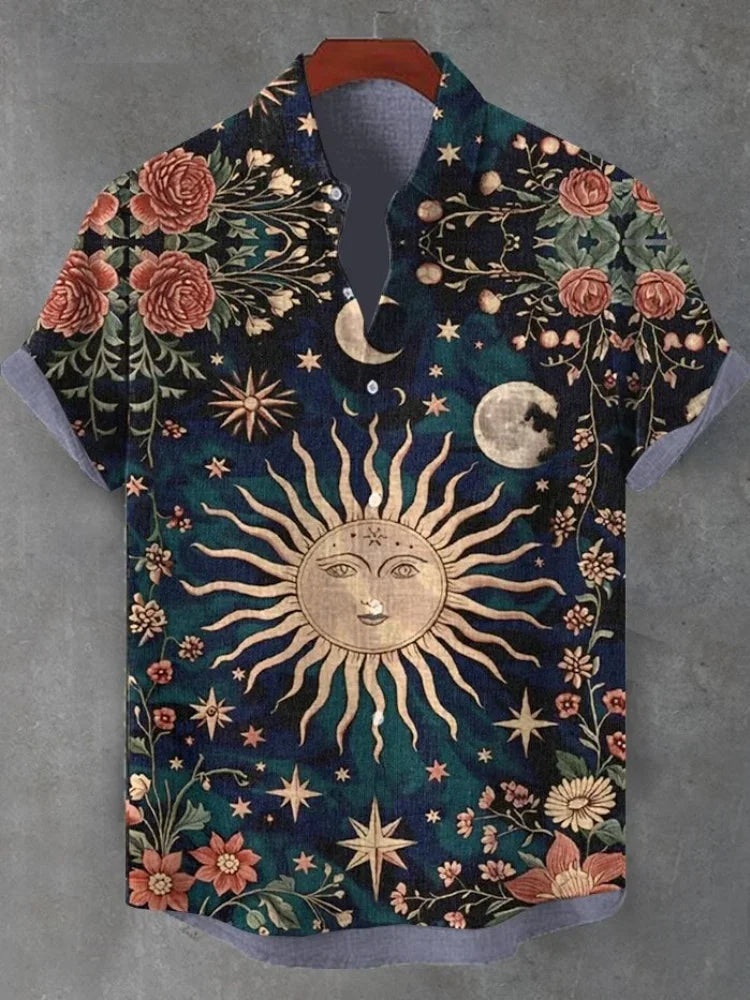 Autumn Ethnic Style Graphic 3D Print Holiday Button Men Clothing Luxury Men's Shirt Casual Short Sleeve Retro Shirt Man Top