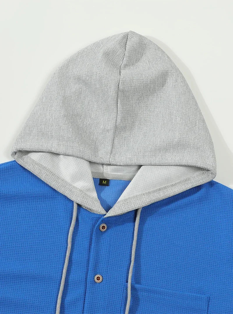 Korean Waffle Hooded Cardigans for Men Spring Autumn Contrast Color Single Breasted Hoodies Breathable Casual Lightweight Jacket