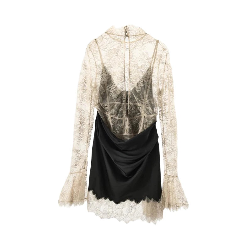 Sexy Color Block Bodycon Dress Women's Lace Insert Full Sleeve Y2K Mini Dresses 2025 Autumn Lady New Elegant Party Clubwear