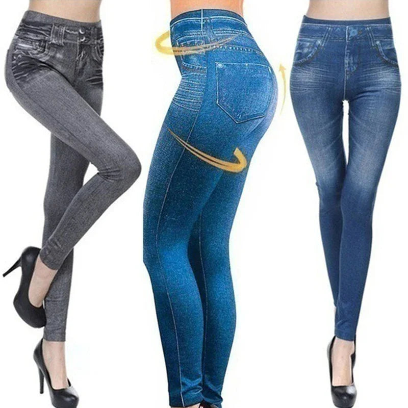 Seamless High Waist Cotton Imitation Denim Women Leggings Hollow Out And Sexy Design Slim Soft Women Pants Elastic Pocket Jeans