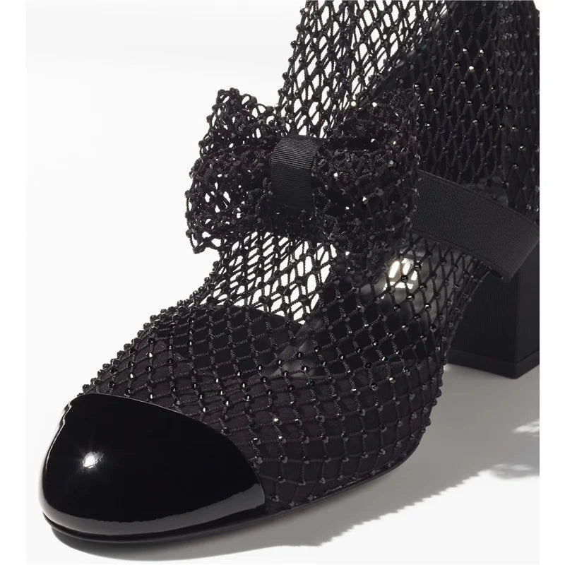 Spring Summer 2023new Rhinestone Bowkno Sexy Mesh Boots High Heels Small Fragrance Style Sandals Europe America Big Size 45 46