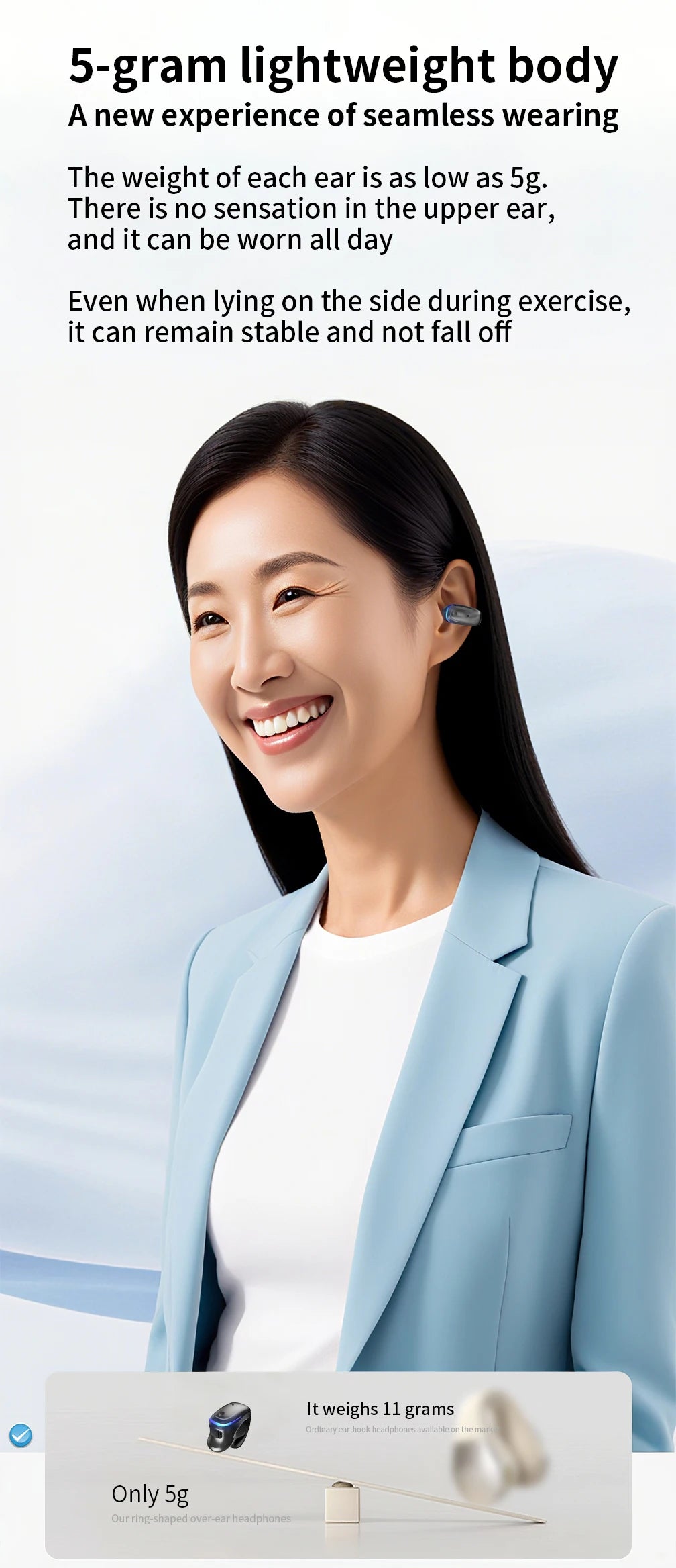 Long Time Wear Ultra Long Battery Life Wireless Bluetooth 5.3 Headset Clip-On Earphone For iPhone For Huawei For Realme For Vivo