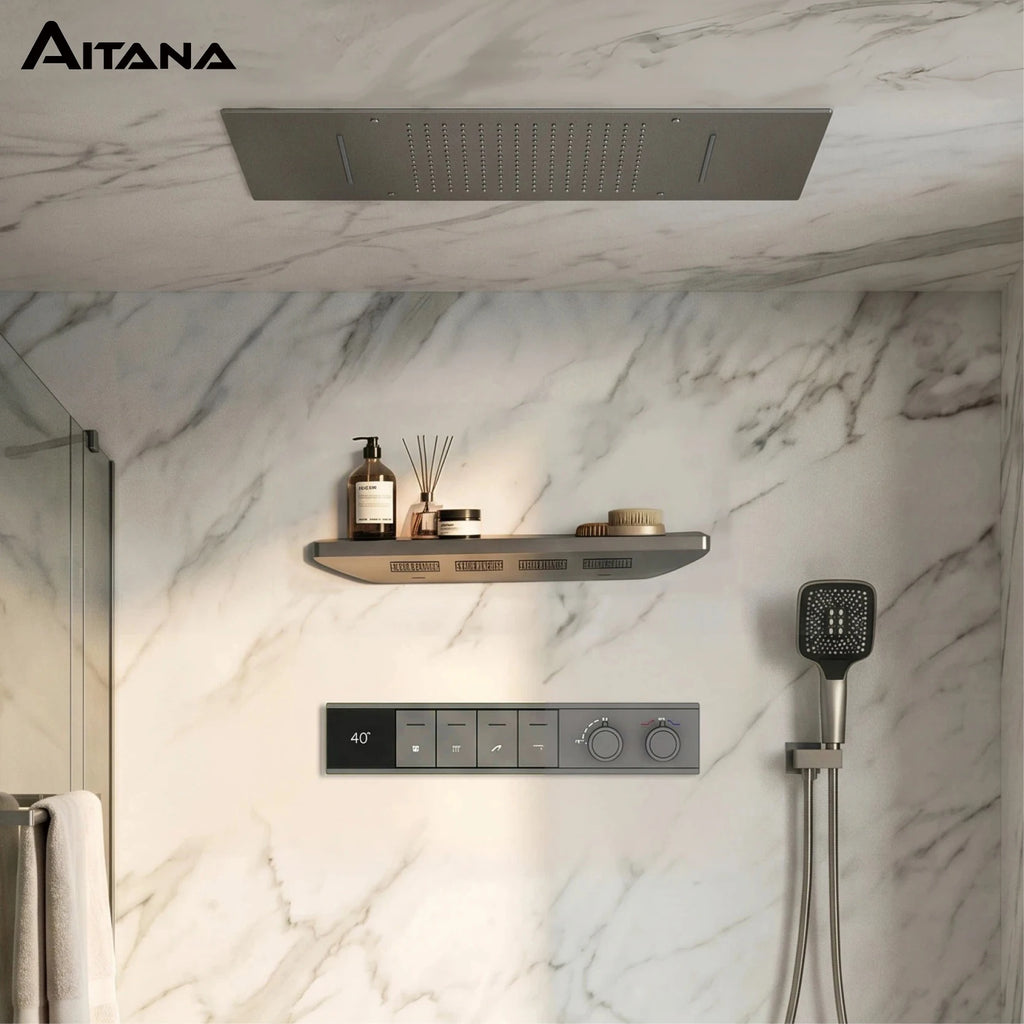 Luxury Bathroom Ceiling Embedded Rain Shower Head LED Digital Display Thermostatic Mixer Hot Cold Water Rainfall Shower System
