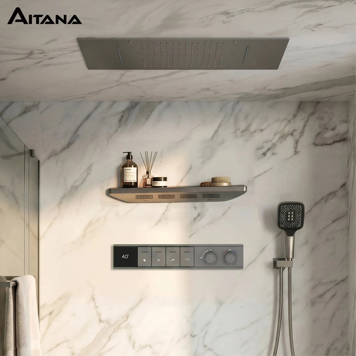 Luxury Bathroom Ceiling Embedded Rain Shower Head LED Digital Display Thermostatic Mixer Hot Cold Water Rainfall Shower System