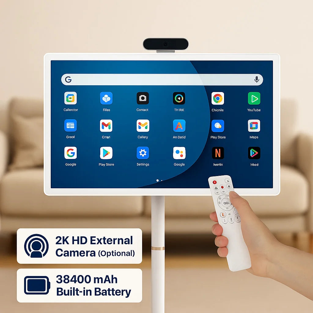 Smart TV, 6G+128G Floor Stand Tablet with Remote Controller 2K Camera Video Call, Inbuilt 148W Battery Power 32 Inch Android 15