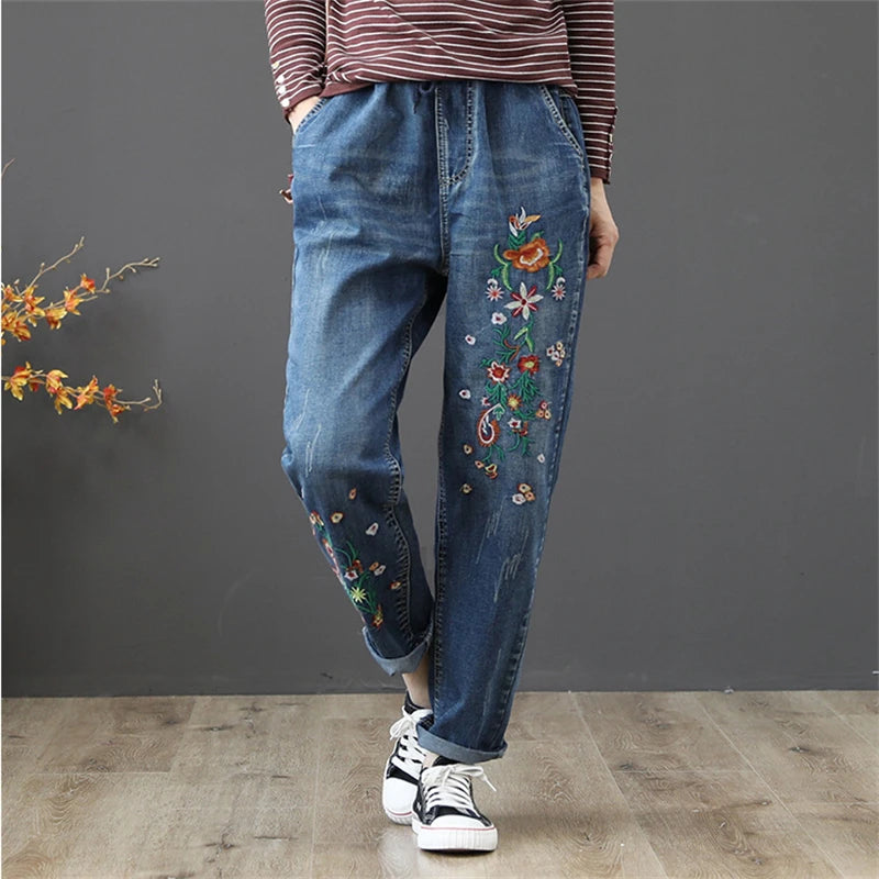 Women's Denim Pants Vintage Flower Embroidery Chinese Hand Work High Quality Casual Loose Jeans China Clothing Factory Wholesale
