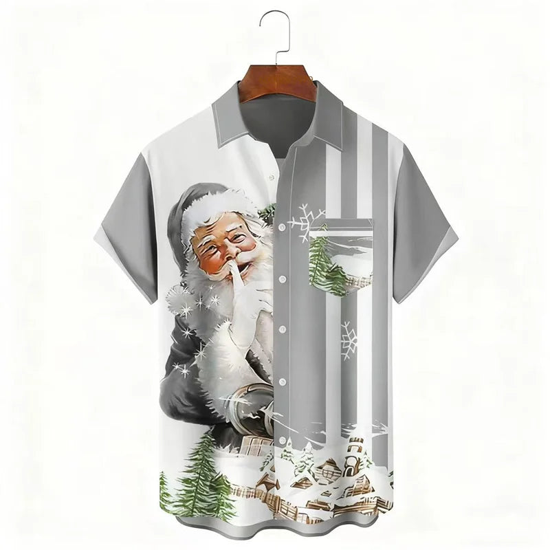 Christmas Men's Santa Claus Print Shirt Daily Wear Autumn Lapel Pocket Shirt Yellow Red Blue Green Fast Shipping