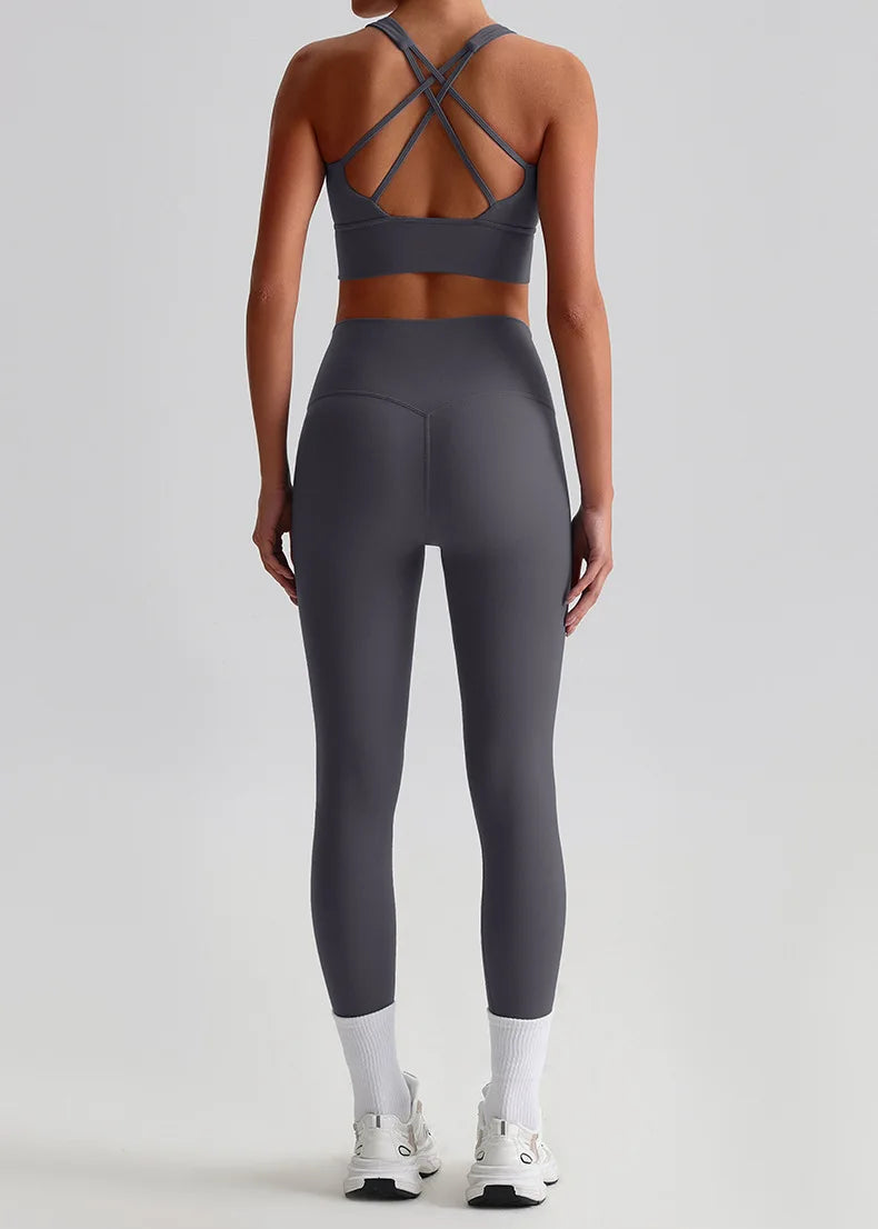 Naked Feel Yoga Set Women Fitness Sportswear 2 Piece Strappy Sports Bra High Waist Gym Leggings Workout Outfit Active Wear