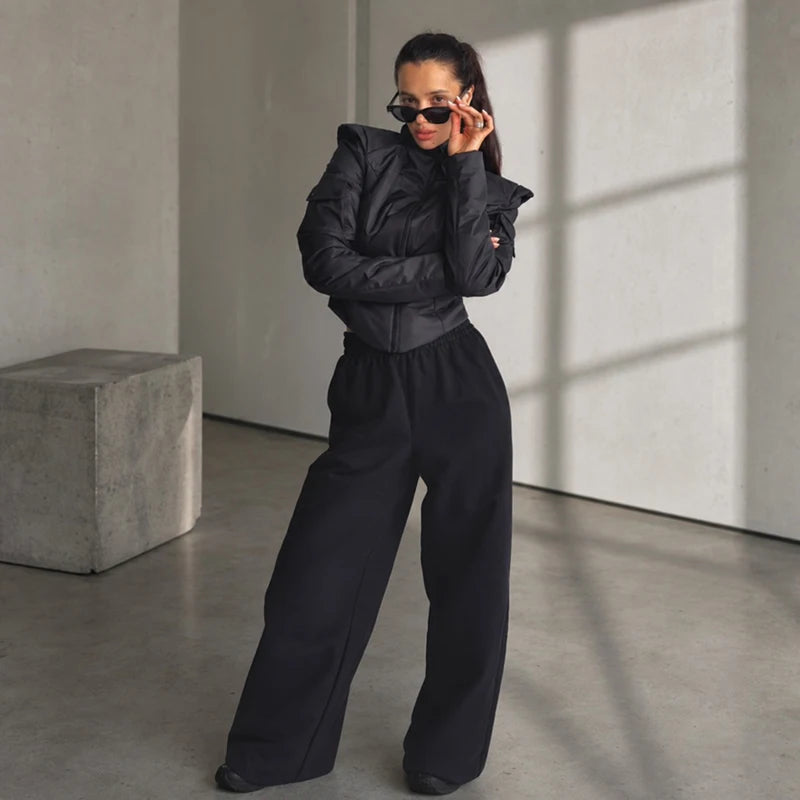 Women Sporty Cropped Padded Jacket Stand Collar Zip‑Up Shoulder Pad Long Sleeve Slim Fit Warm Coat Casual Chic Ladies Outerwear