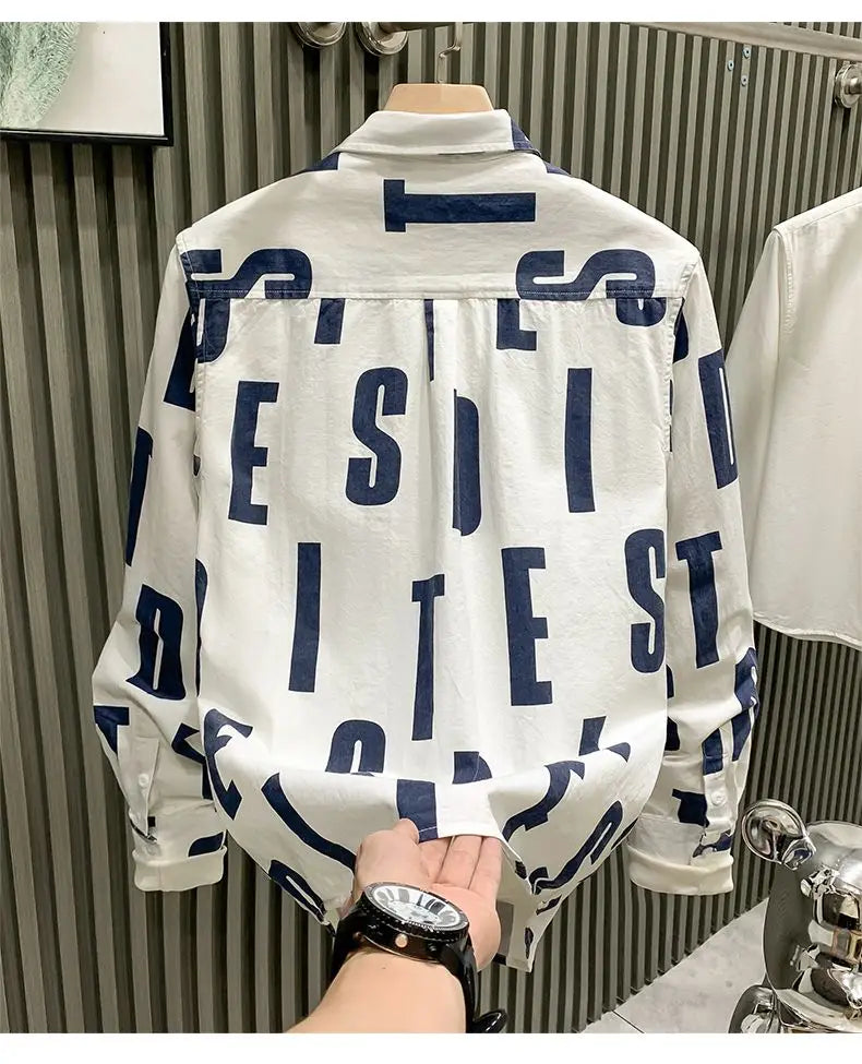 Men Clothing Spring Autumn Trendy Vintage Letter Print Lapel Shirt Simple Casual Long Sleeve Pocket Loose Tops Camisa Masculina