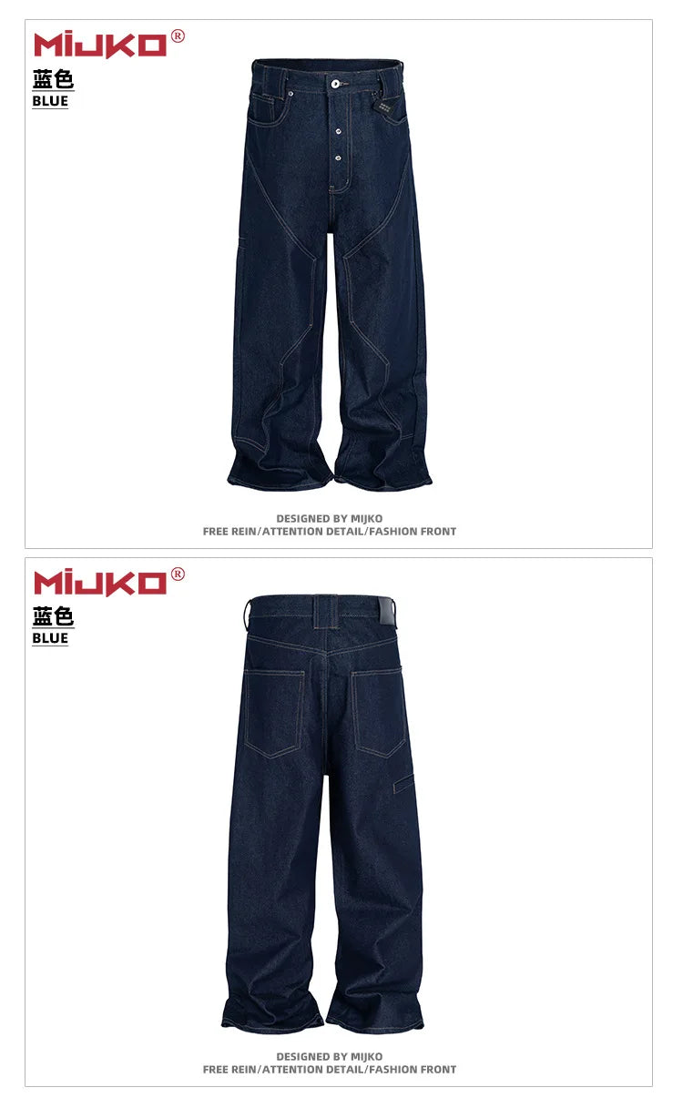 MIJKO High Street Cleanfit Drak Blue Jeans for Men and Women Straight Vintage Casual Denim Trousers ZJ080