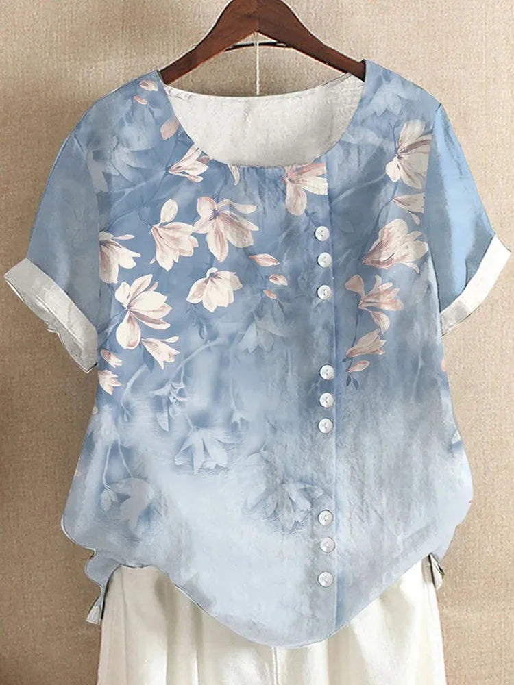 2025 Summer retro fashion printed loose casual shirt top, suitable for casual or vacation ladies' beachwear