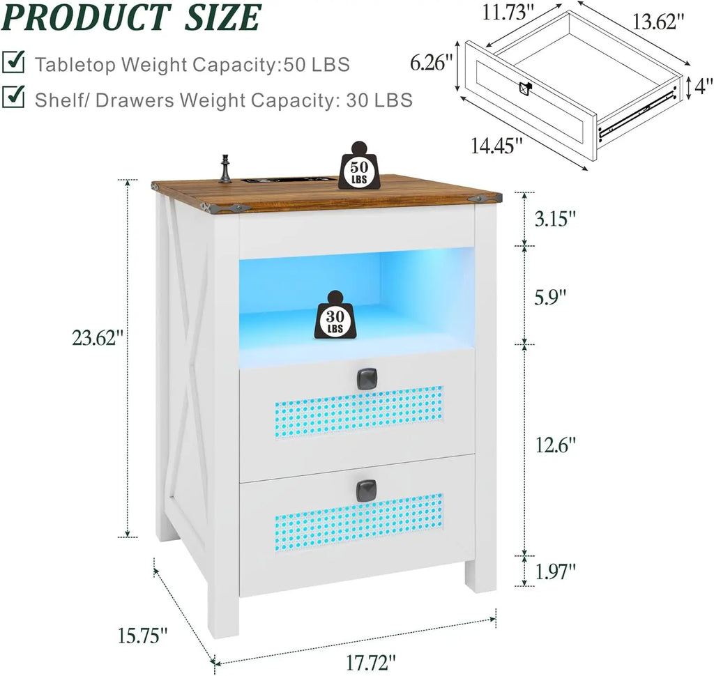 LED Nightstand with Gun Drawer & Charging Station | Human Sensor Lights, Hidden Storage, Farmhouse Rattan Style, 3 Drawers, Beds