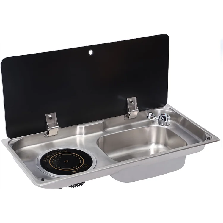 RV Kitchenware Accessories Caravan Wash Sink With Induction Cooker Single Burner Gas Stove With Tempered Glass Lid