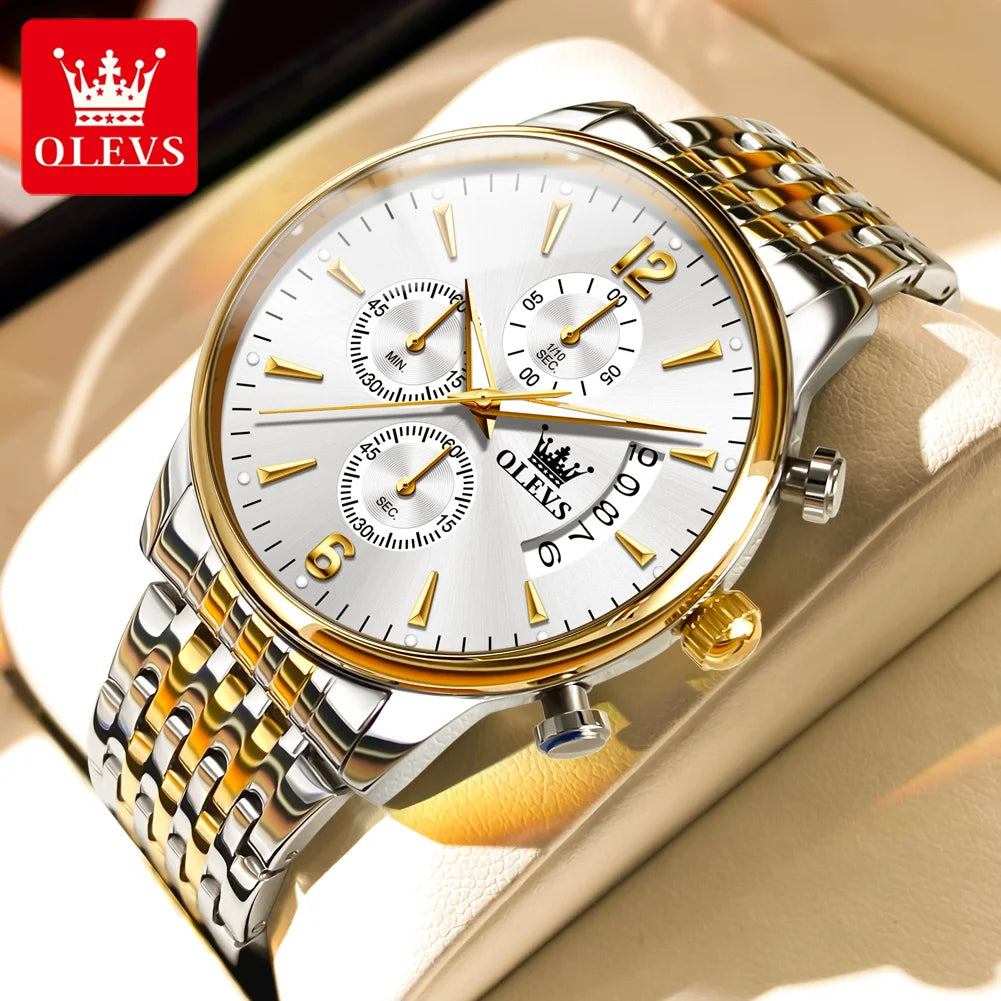 OLEVS Men Watches Top Brand Luxury Watch Waterproof Stainless Steel Men Wristwatch Luminous Quartz Watch Box Gift Set