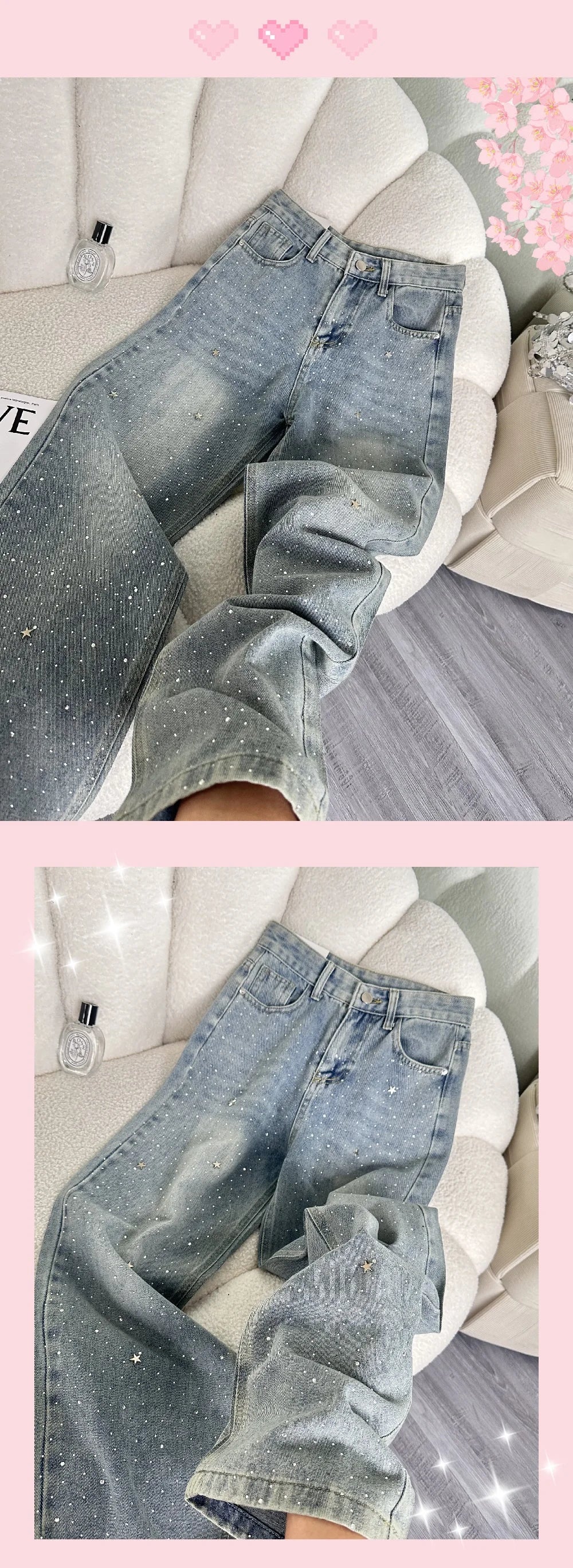 High Waist Shiny Sequin Star Design Casual Wide Leg Jeans Women's Light Blue Slimming Slim Fit Denim Pants Fashionable Versatile