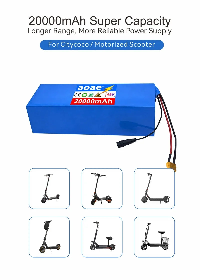 48V Scooter Battery 20Ah 13S5P A-Grade Cells 1000W-2000W Built-in BMS XT60 DC JST High Power Long Lasting for Electric Scooter