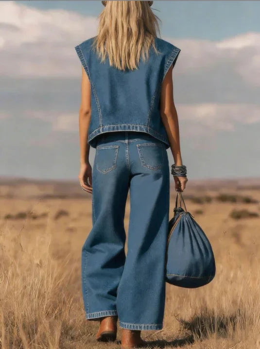 Wide-leg Denim Vest Pants Set 2026 Women Summer Outfit Sleeveless Top Trousers Set Casual Women Outfit Party Wear Two-piece Set
