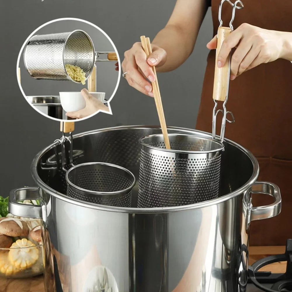 Durable Thickened Stainless Steel Funnel Kitchen Gadgets Wooden Handle Pasta Basket Strainer Multifunctional Noodle Funnel