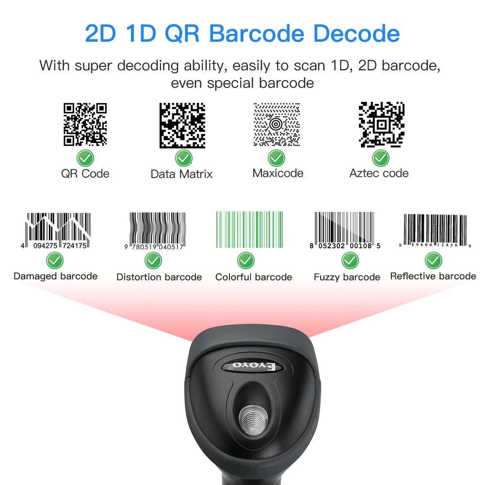 Eyoyo EY-H2 USB Wired 1M Cable Handheld Automatic Scanning Barcode Scanner For Supermarket. PDF417 Data Matrix 1D 2D QR Reader