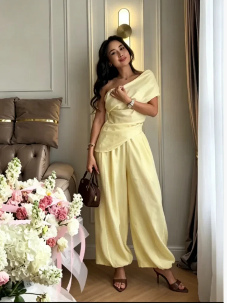 Solid One Shoulder Top Lantern Pants Set Women Chic Cotton Linen T-shirt Wide-leg Pants Suit Elegant Lady Summer Daily Outfits