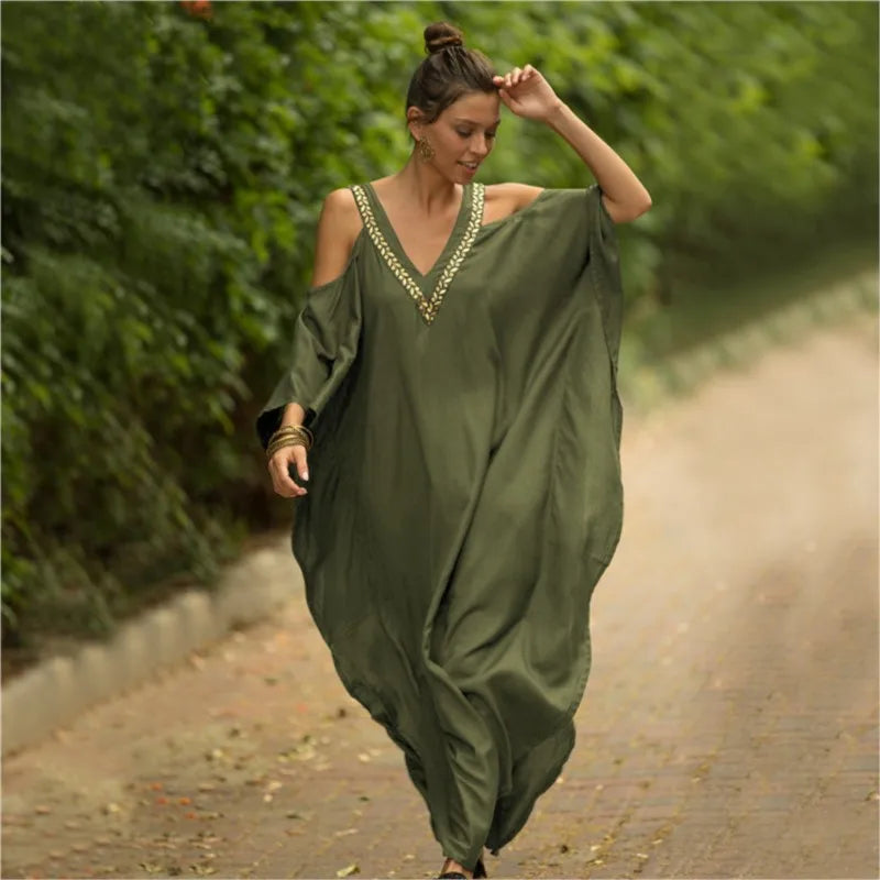 Kaftan Dresses Beach Blouse Solid Cotton Robe Bikini Sunscreen Shirt Loose Dress Women Maxi Dress Beach Wear Summer Vacation
