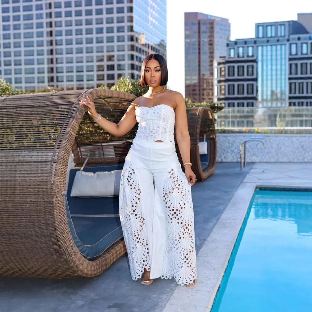 Women's Solid Color Pants Sets Hollow Out Lace Tube Top Cropped Top High Waist Trousers Two Piece Set Sexy Hot Girl Streetwear