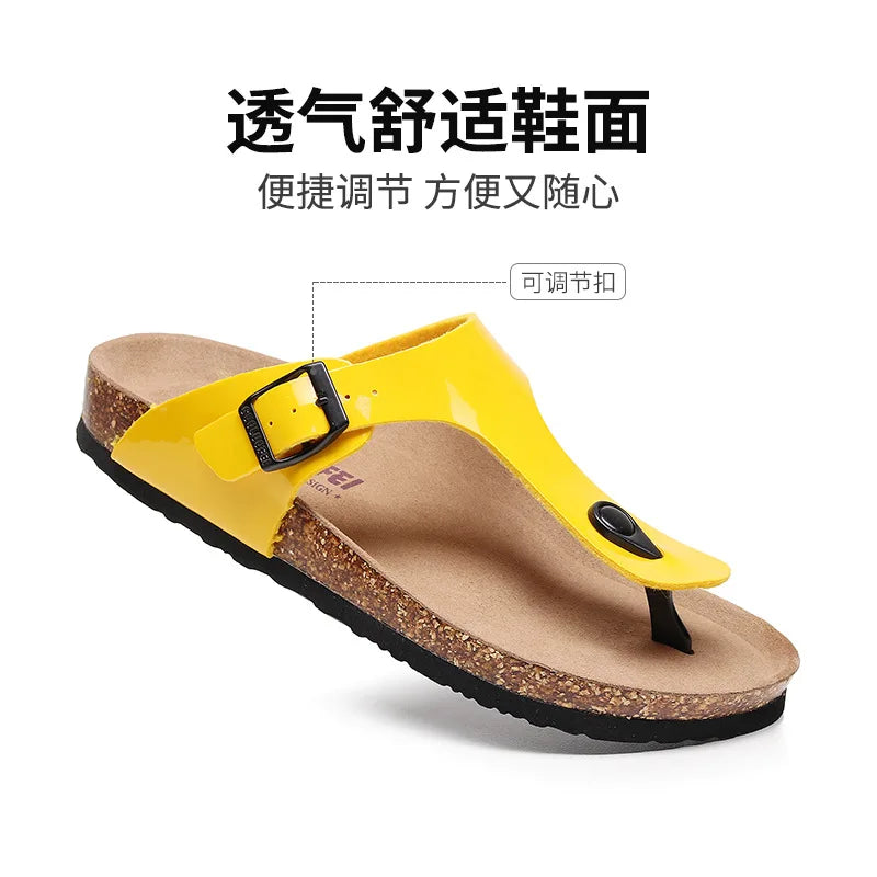 New Cork Sandals for Women Open Toe Beach Slippers with Adjustable Buckle Women Flats Leather Cork Footbed Flip Flops