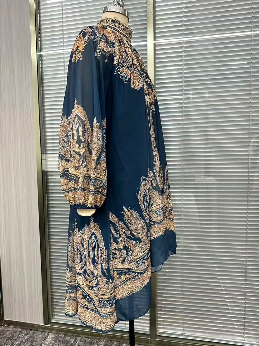 2026 New European and American Turtleneck Printed Chiffon Dress Loose Vacation Style Shawl Long-Sleeved Women's Dress