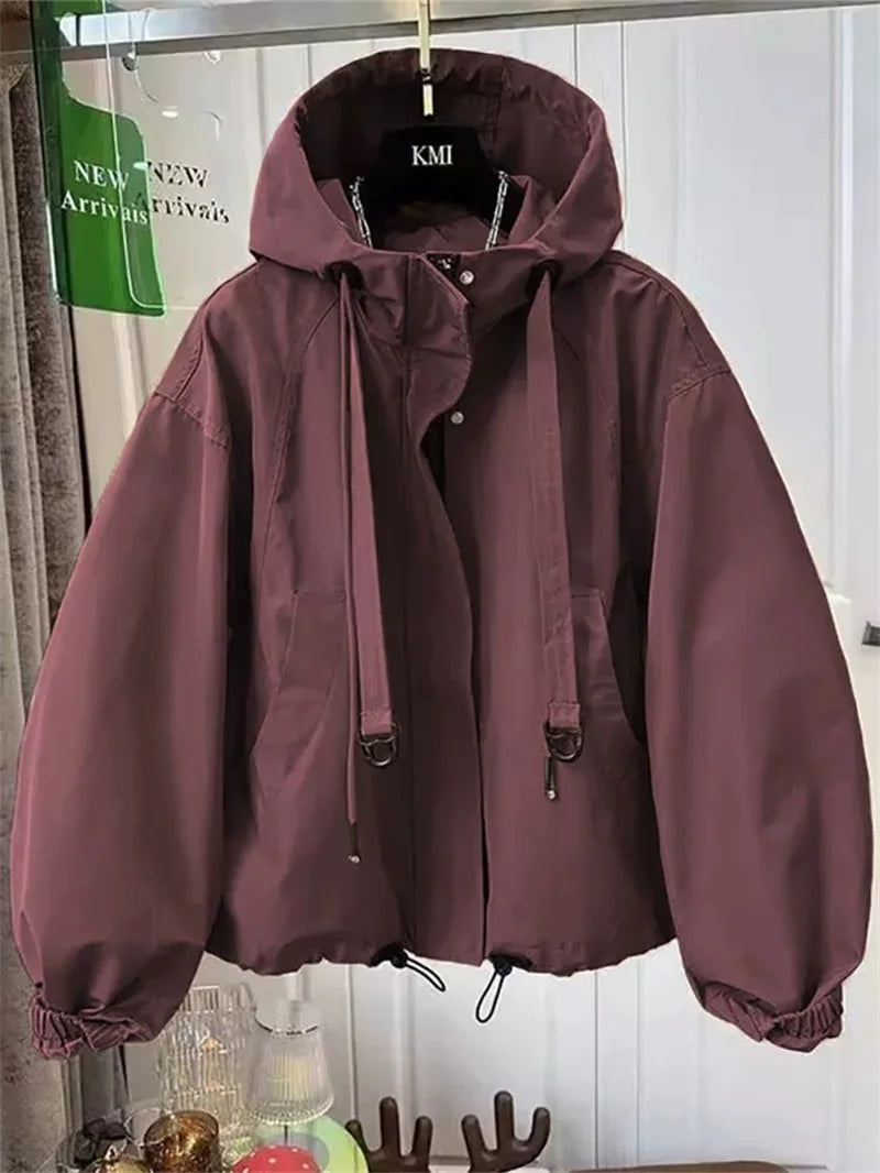 Korean Trench Coat Women 2026 Spring Autumn New Loose  Long Sleeve Casual All-Match Hooded Windbreaker Outerwear Ladies Overcoat