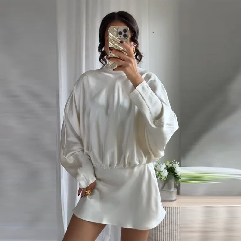 Elegant Lace Up Satin Short Dress Women Pleated Half High Collar Long Sleeve Female Dresses 2025 Autumn Lady Evening Robes