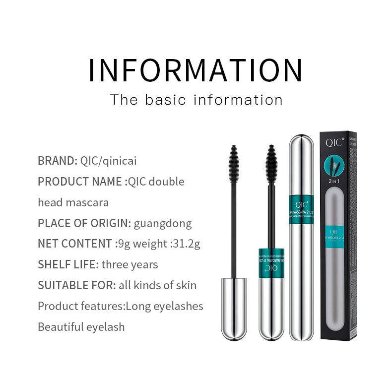 2 In 1 Dual Effect Black Waterproof Mascara 4D Lash Lengthening Thickening Curling Eye Makeup Cosmetics