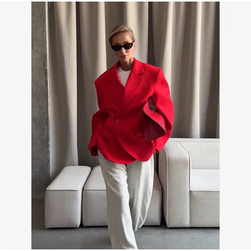 Women Red Fashion Blazer Jacket Lapel Collar Single Button Long Sleeve Loose Casual Coats Oversized Autumn Winter Street Outwear