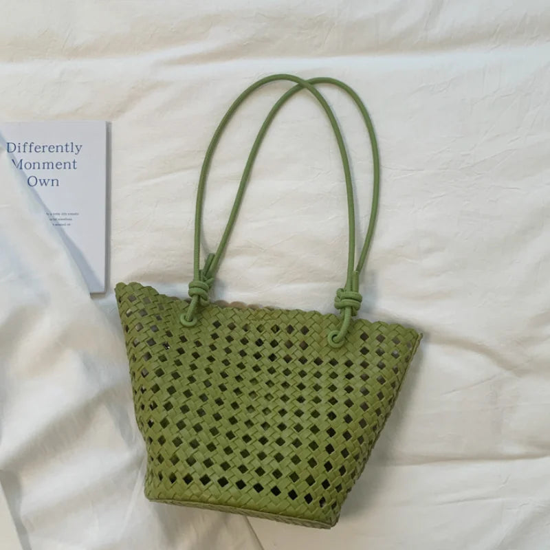 Hand-woven Openwork handBag With Zipper Inner Pocket,summer Pu Leather Beach Bucket Bags,large Capacity Simple Shopping handBag