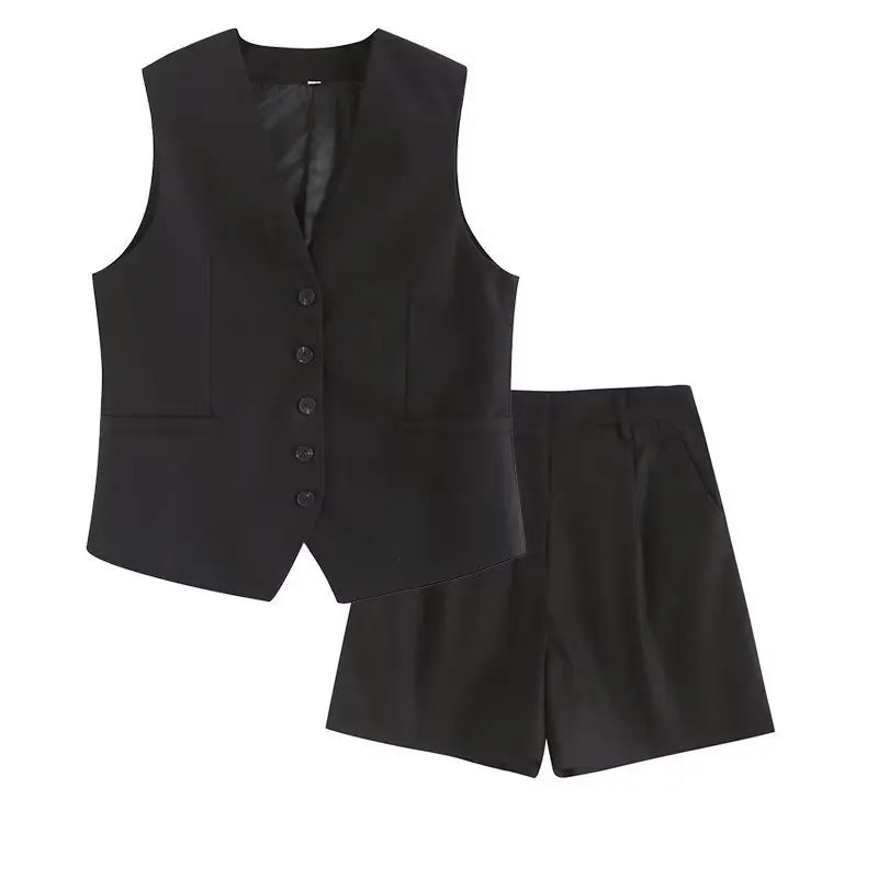 Retro Linen Office Lady Women Suits V Neck Vest Blazer Commuter Wide Leg Shorts Fashion 2024 Summer Vintage 2 Piece work clothes