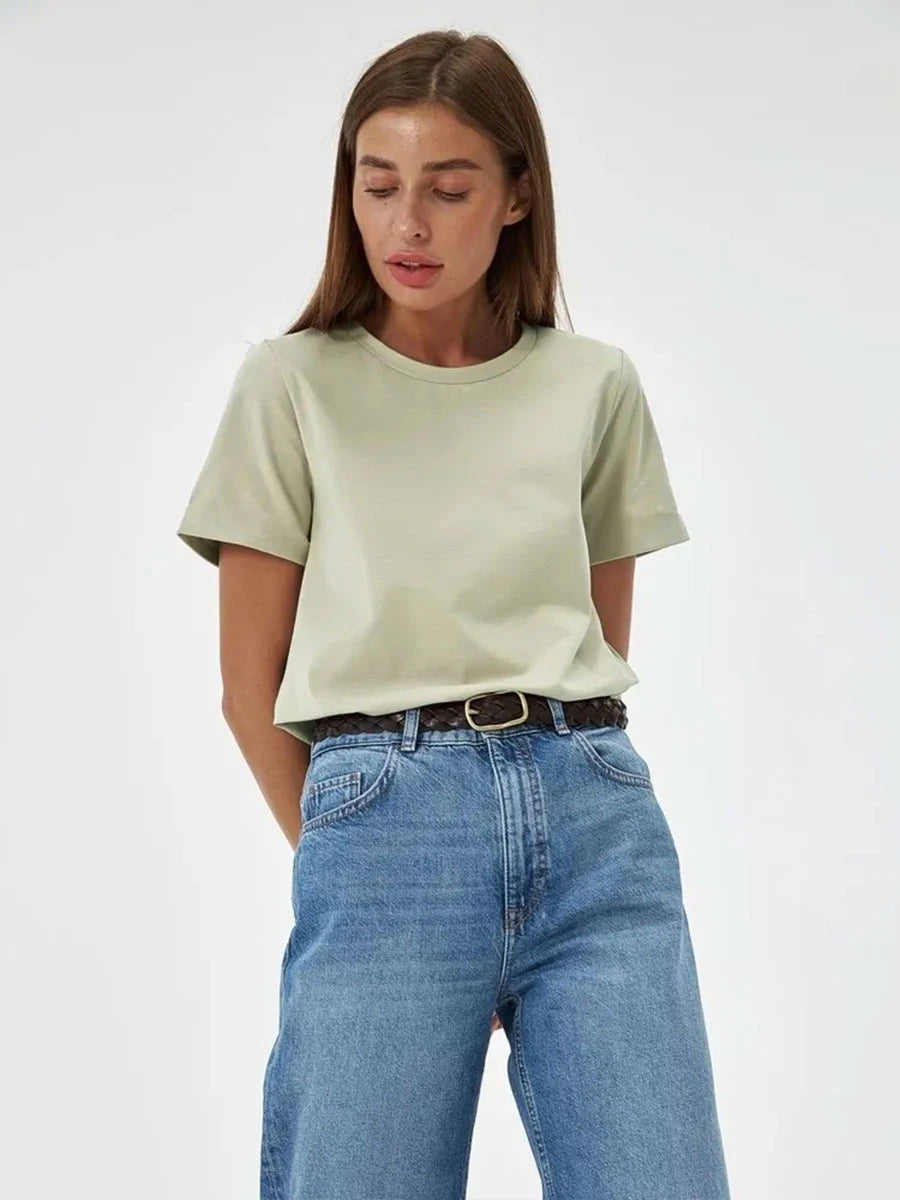 Cross border hot selling cotton T-shirt with round neck and short sleeves for European and American women loose basic top