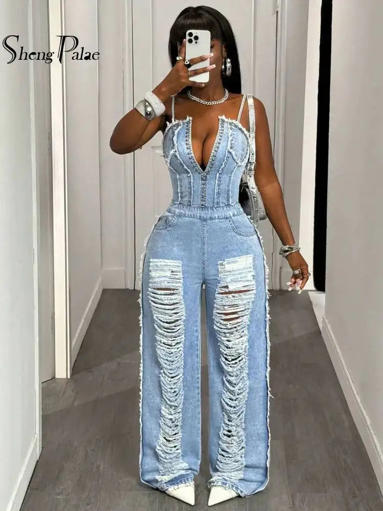 SHENGPALAE Women Denim Jumpsuit Spaghetti Strap Wide Leg Ripped Frayed Pocket Street Washed Autumn 2026 New 05E03276