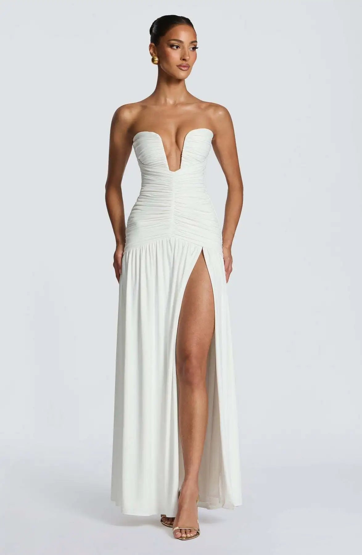 Women Elegant Deep V-neck Pleated Strapless Dress Chic Off-shoulder Backless Split Maxi Dresses 2026 Lady Evening Party Vestidos