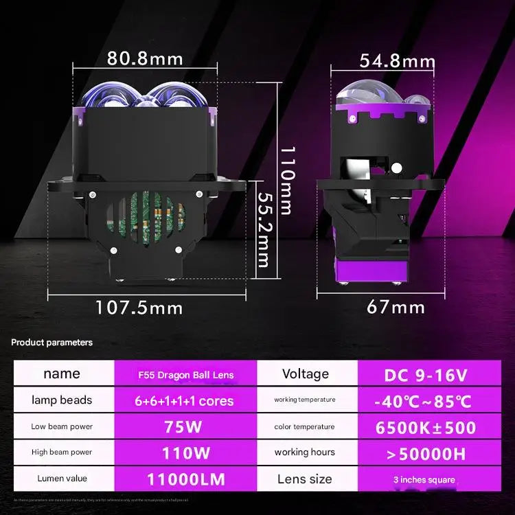 New 3 Inch Square Bi LED Projector Headlight with Halo Five Lens 4 Low 10 High Laser Dual Fan Cooling Car LED Headlamp Retrofit