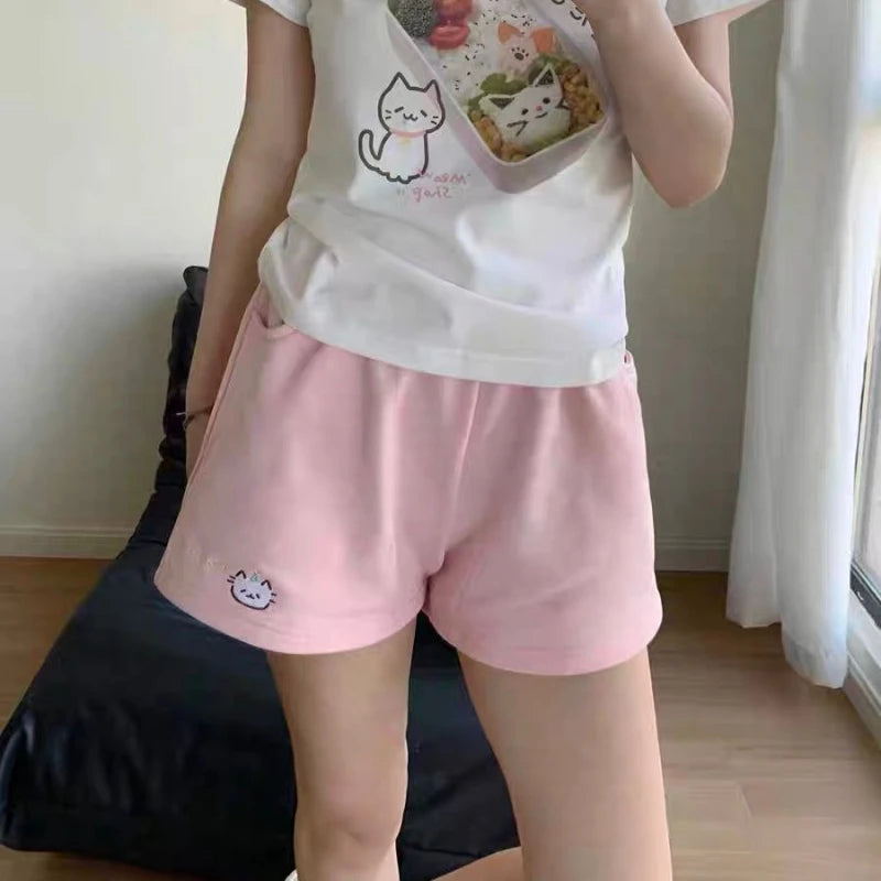 Cotton Shorts Women Print Cute Pantalones Cortos De Mujer 2025 New Bottoms Casual Fashion Elastic Waist Summer Wide Leg Pants