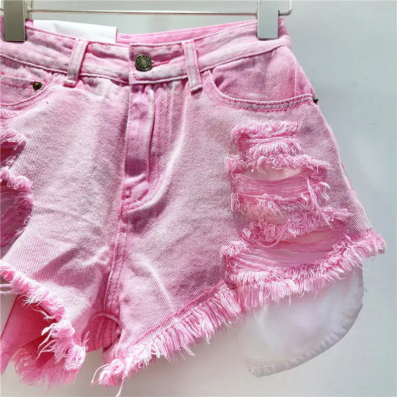 Leaking Pocket Street Hole Washed Retro Blue Denim Shorts 2026 Summer New Spice Girl Fashion Jeans Hot Pants Shorts Women