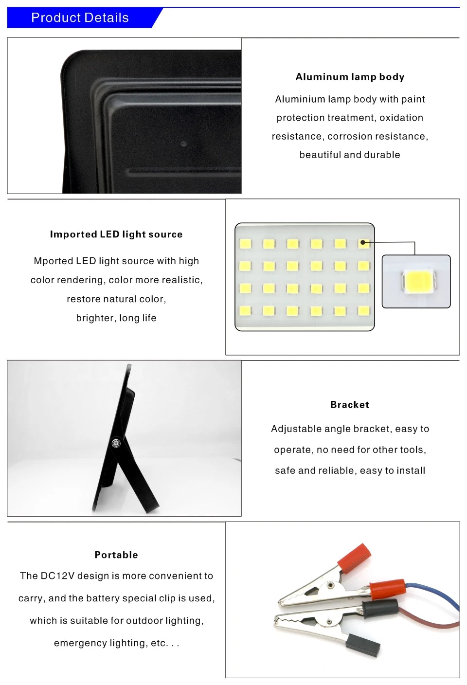 DC12V Led Flood Light 20W 30W 50W 100W Outdoor Floodlight Spotlight IP66 Waterproof Light Reflector Portable 12 Volt Led Lights