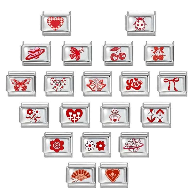 Fashion Red Series Heart Flower Bowknot Cherry Women Men Charm Link fit 9mm Stainless Steel Italian Bracelet Making DIY Jewelry