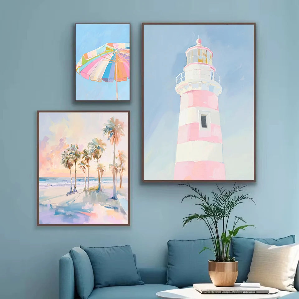 Abstract Coastal Cowgirl Beach Boat Oyster Shell Lighthouse Colorful Summer Poster Canvas Painting Wall Art Pictures Home Decor
