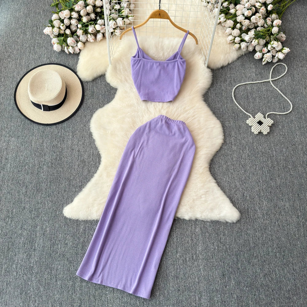 Sexy two Pieces Sets Chic Elegant  v neck slip camis with High Waist Hip Wrap Single Breasted split summer sweet Full Skir