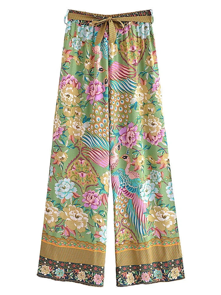 Boho Queens Women Peacock Floral Print Bohemian Wide Leg Pants Lady Elastic Waist Loose Rayon Boho Long Pant  Oversize Trousers