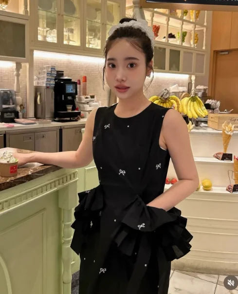 Japanese Sweet Basic Black Sleeveless Long Dress Summer 2025 New Women's Slim Cute Bow Printed Ruffles Casual Fashion Dress