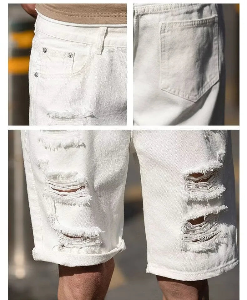 Men's Fashion Denim Shorts Summer Ripped Casual Denim Knee Length Solid Jeans Shorts White Classic Jeans Shorts Y2k Streetwear