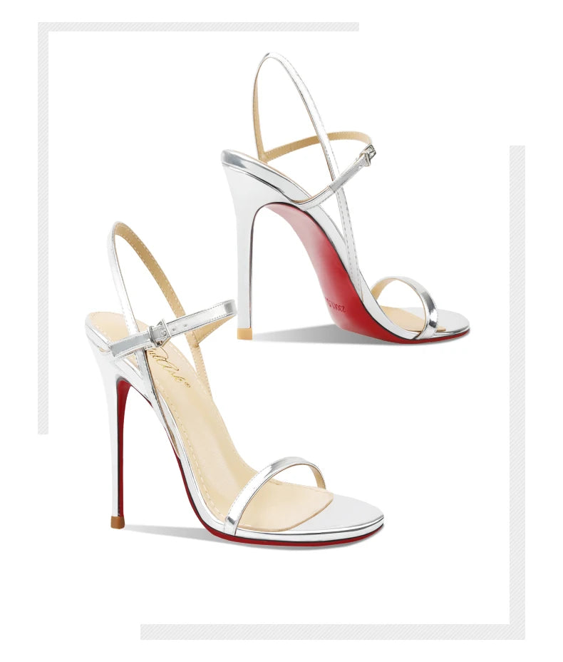 New Silver Patent Leather Temperament High-Heeled Sandals for Women with Exposed Toes, Slim Heels, and Comfortable Single Shoes